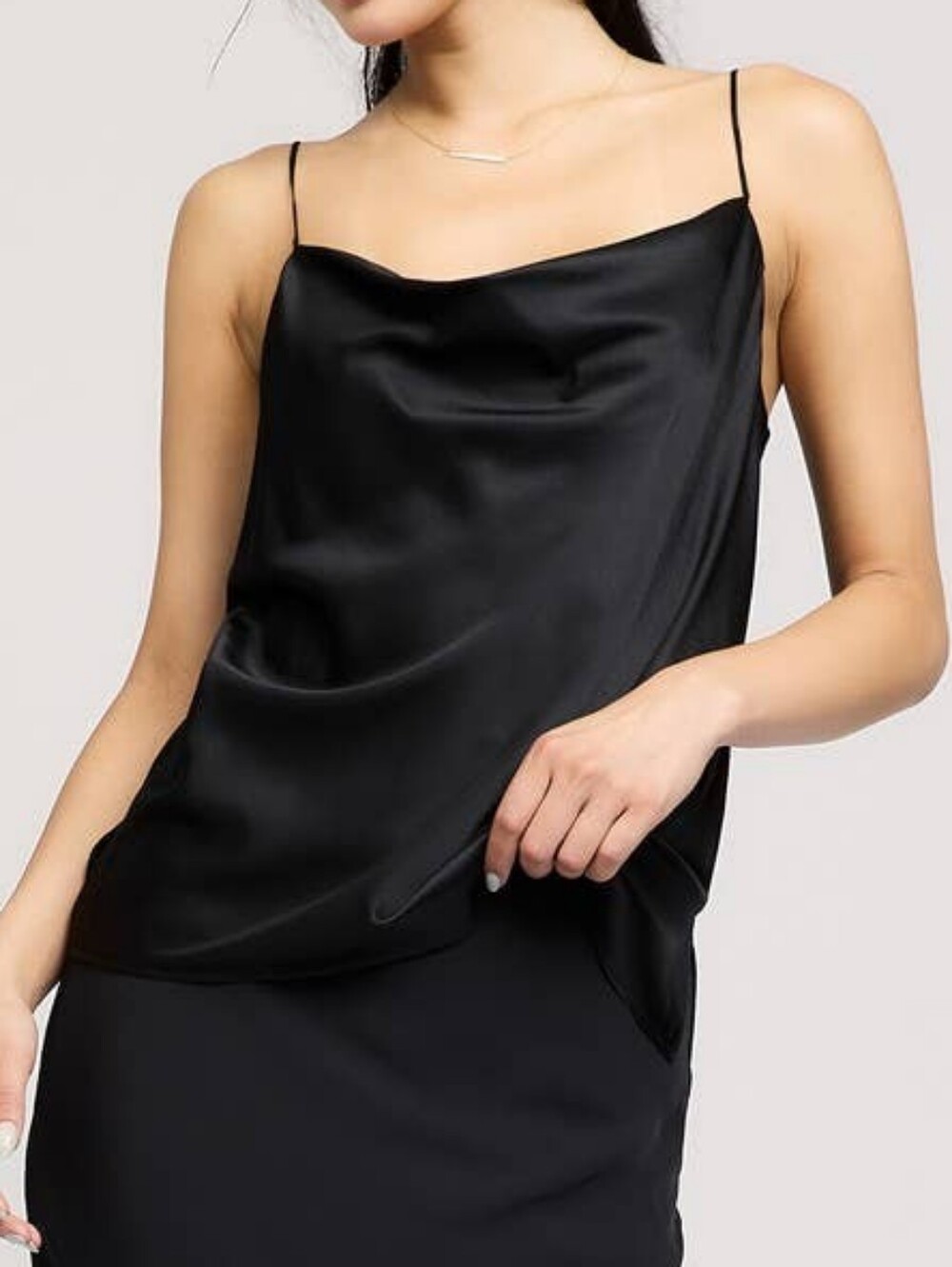 100% Silk Cowl Neck Spaghetti Strap Tank - Black